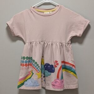 Mini Boden Pink Weather Embroidered Dress Rainbow Cloud Sunshine Rain - 3-4Y